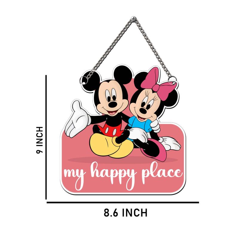 GIFTMEBAZAR My Happy Place With Mickey Mouse Cartoon Theme Wooden Wall Hanging For Home, Living Room & Office Decor Wall Art Modern Decor Item